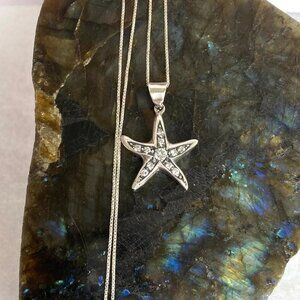 Sterling Silver 925 Starfish Seastar Cubic Zirconia Pendant Necklace 18" Chain